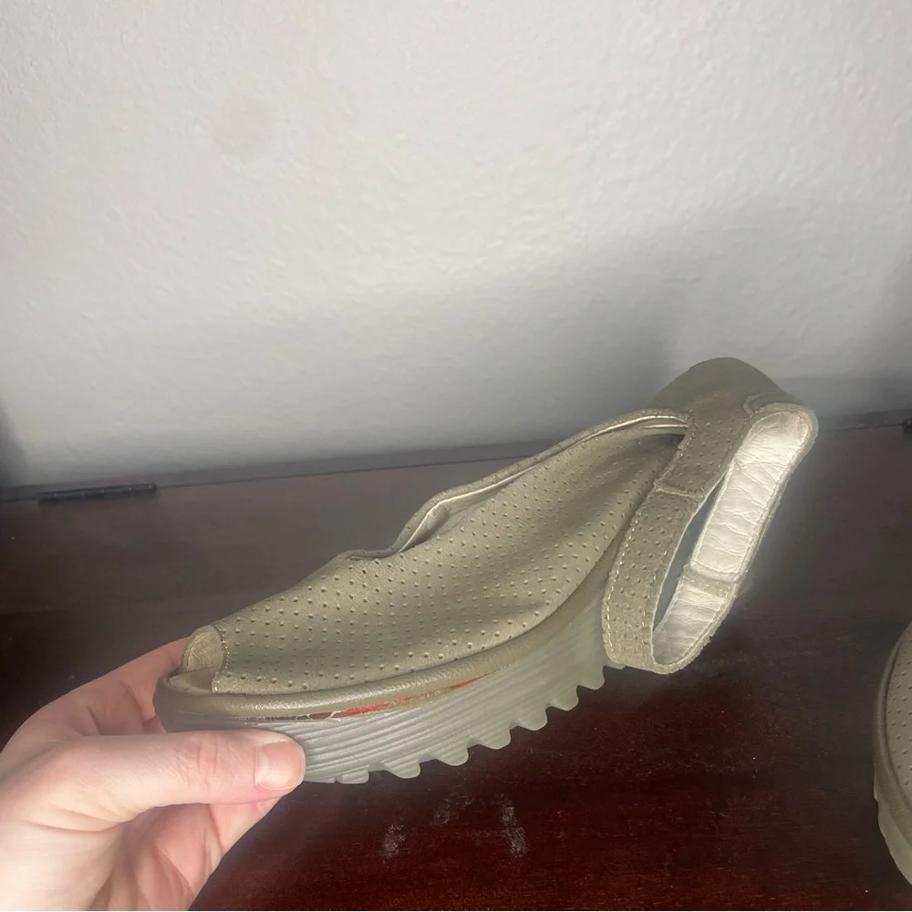 Fly London Beige Perforated Ankle-Strap Wedge Sandals
